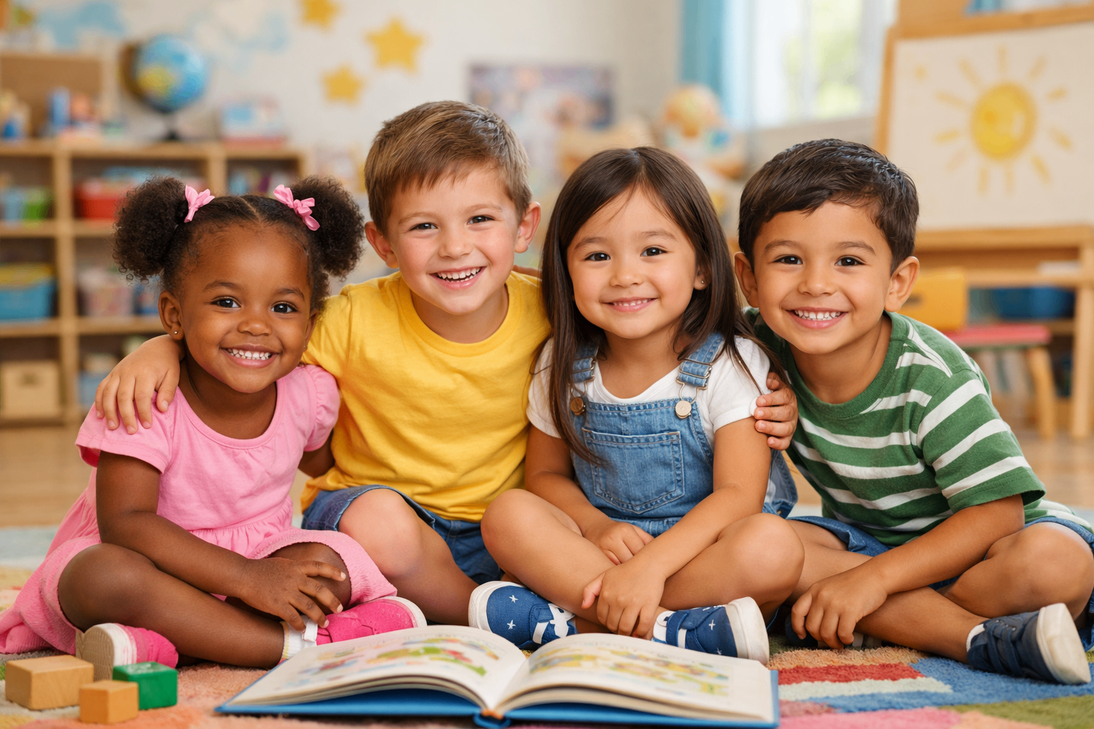 Diverse group of happy preschool children with their teacher